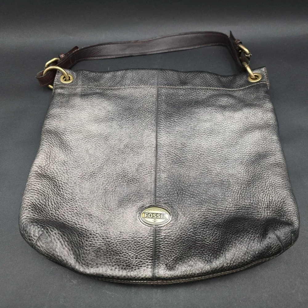 FOSSIL MADDOX Shoulder HOBO Purse Handbag Metallic Black Silver PEBBLE LEATHER
